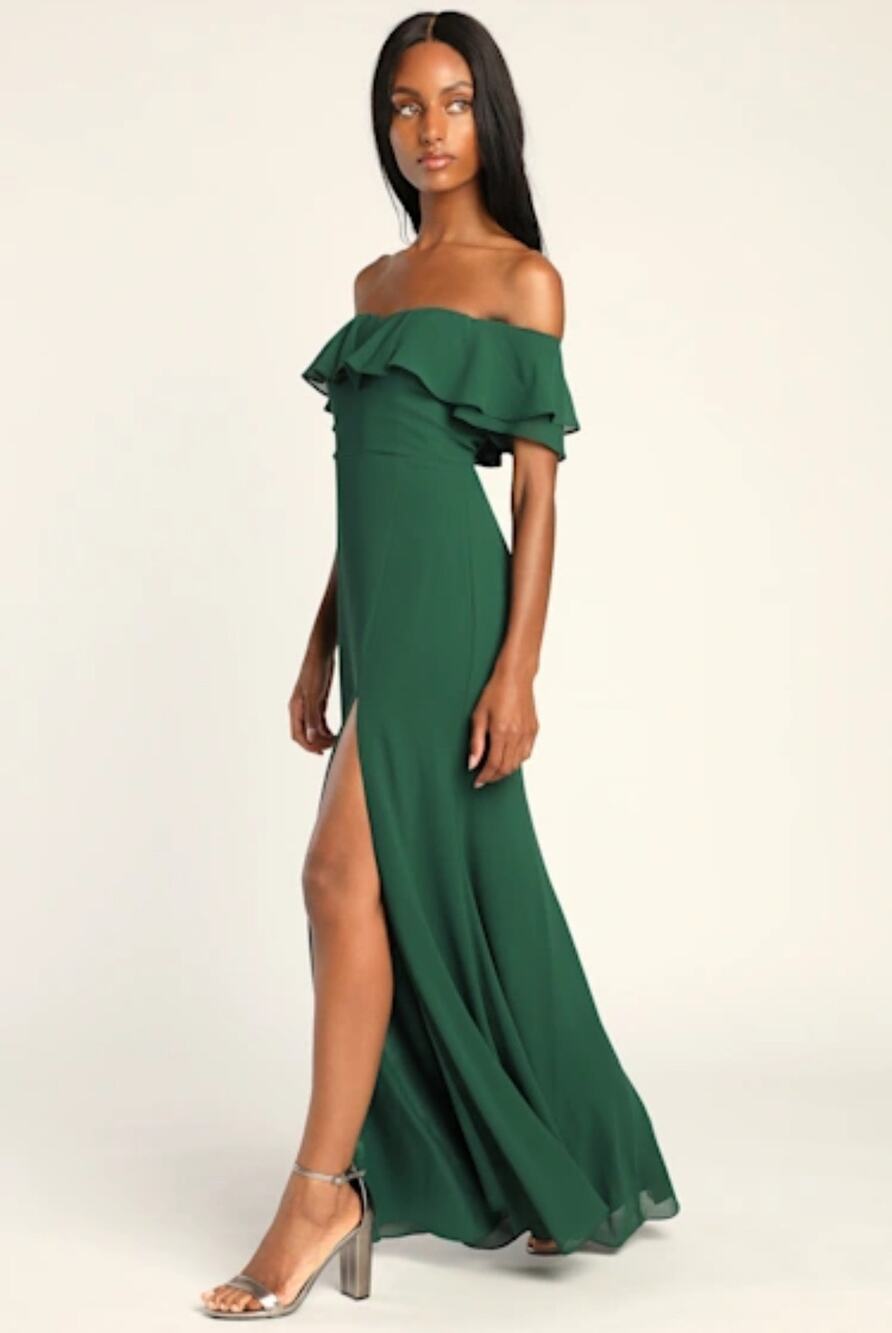 Lulu's Enchanting Endeavor Green Ruffled Off Shoulder Maxi Dress 1X NWT Holiday